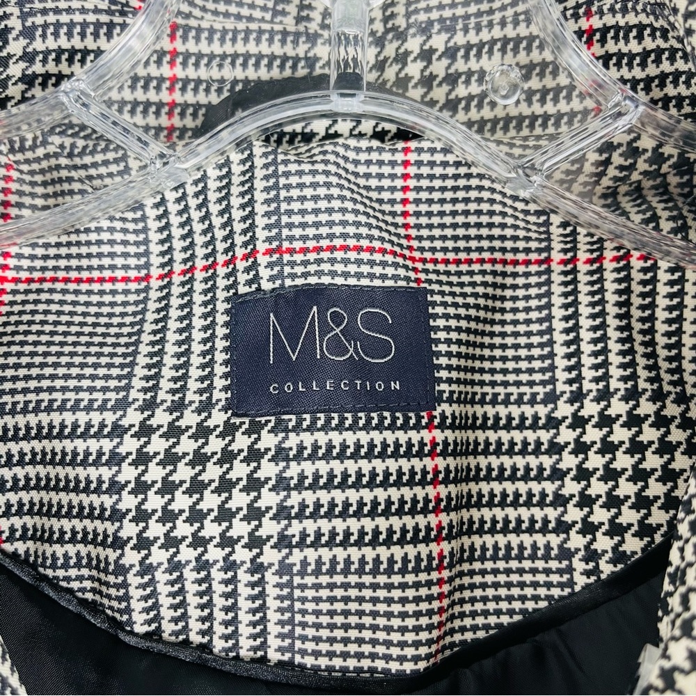 M&S black white plaid houndstooth lightweight trench belted jacket medium - Picture 8 of 9